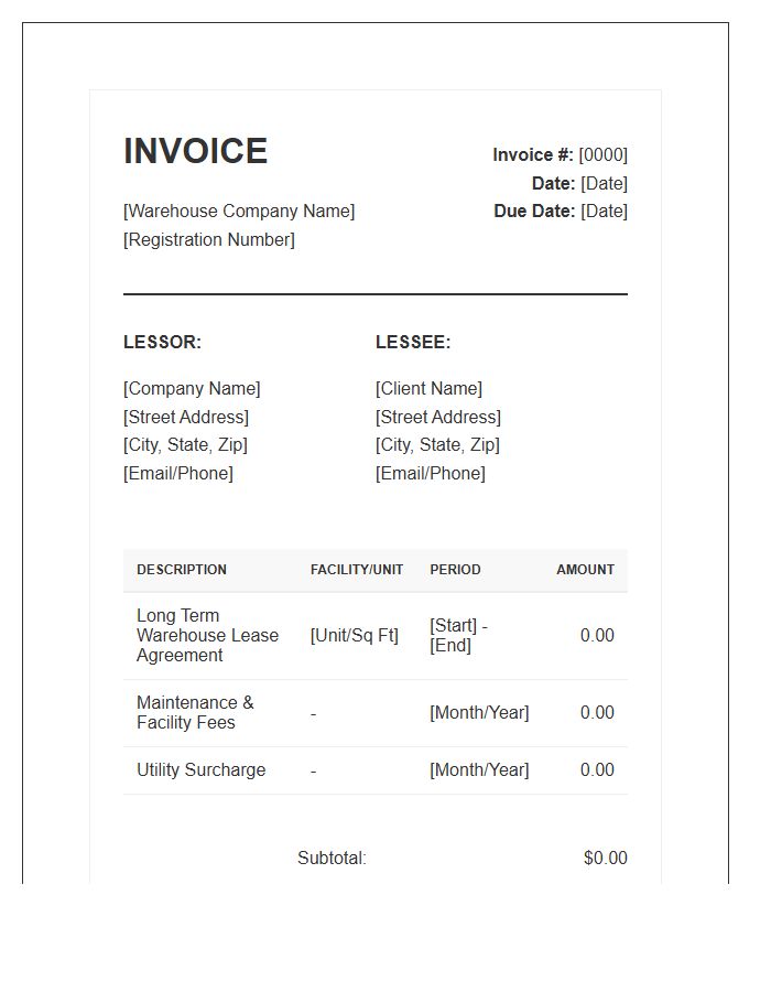 Long Term Warehouse Leasing Invoice Template
