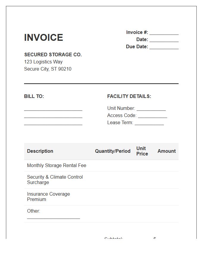 Secured Storage Warehouse Rental Invoice Template