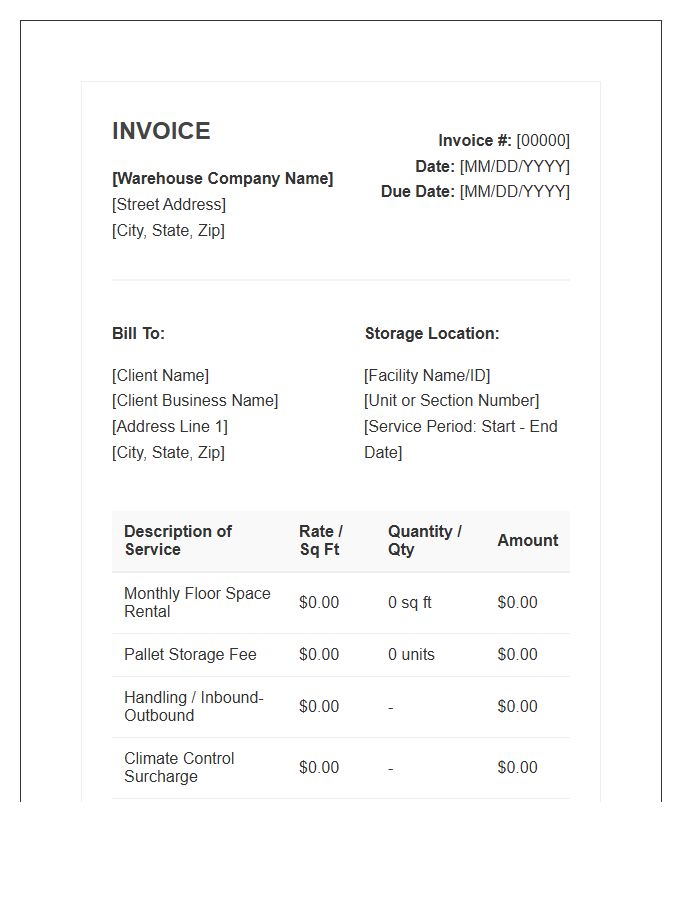 Warehouse Storage Space Monthly Invoice Template