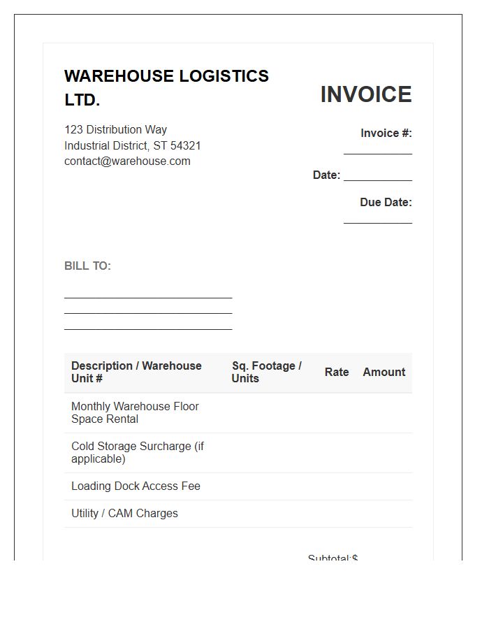 Wholesale Distribution Warehouse Rental Invoice Template