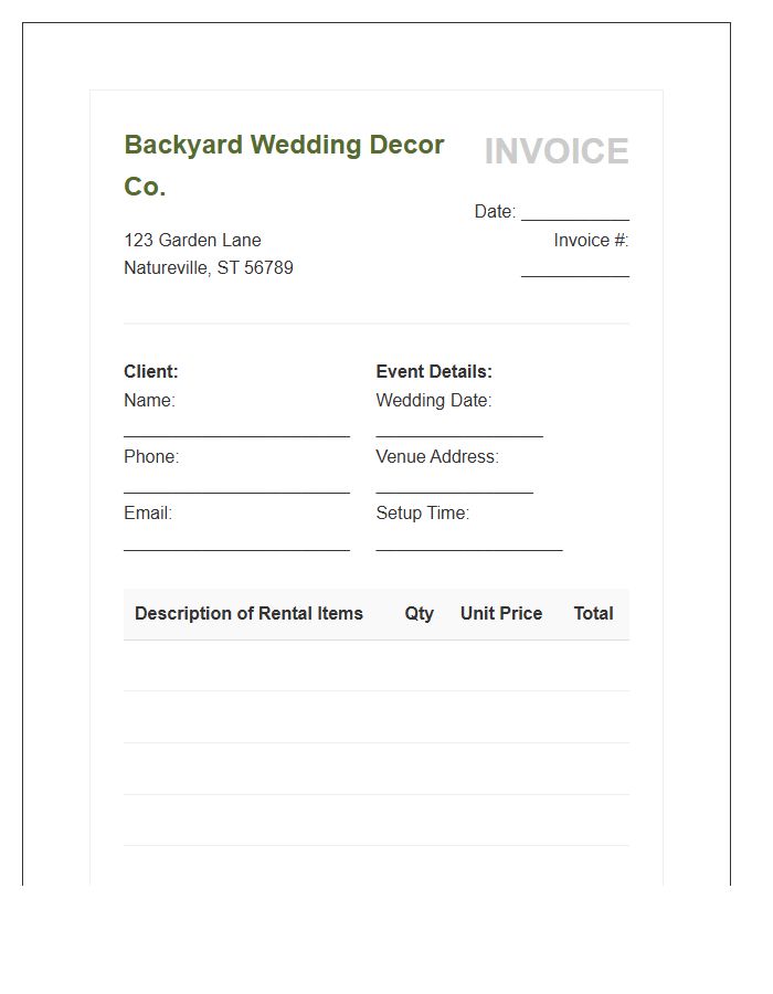 Backyard Wedding Decor Rental Invoice Template