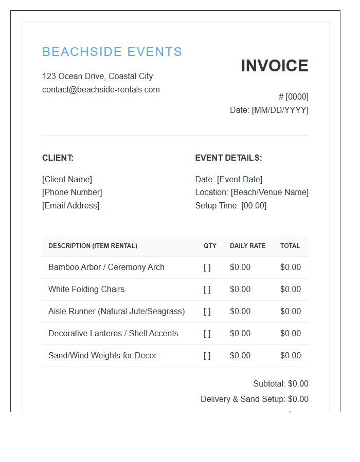 Beach Wedding Decor Rental Invoice Template