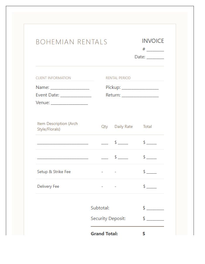 Bohemian Wedding Arch Rental Invoice Template
