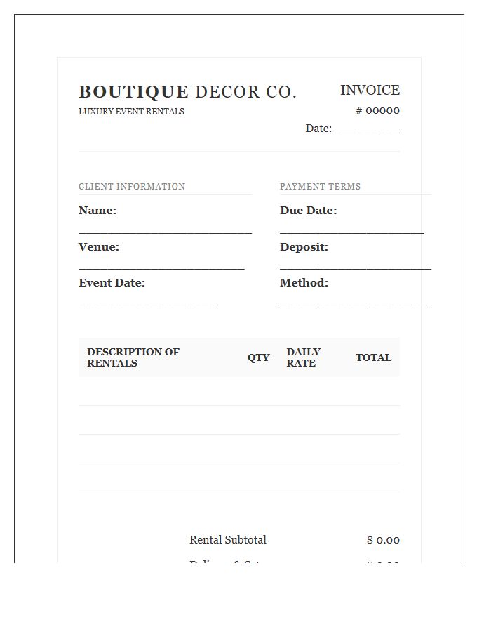 Boutique Wedding Decor Rental Invoice Template