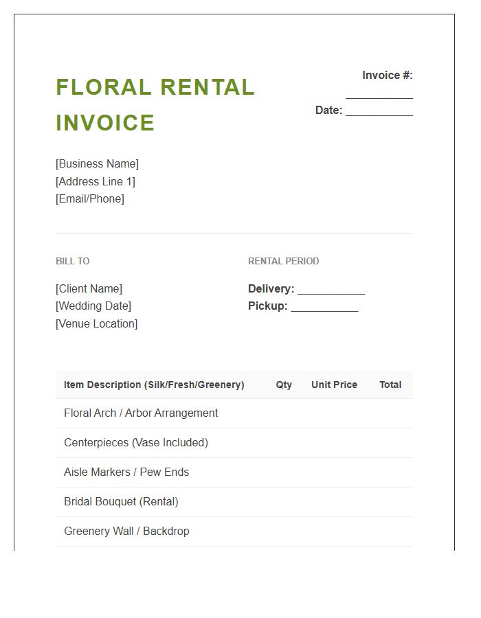 Garden Wedding Floral Rental Invoice Template