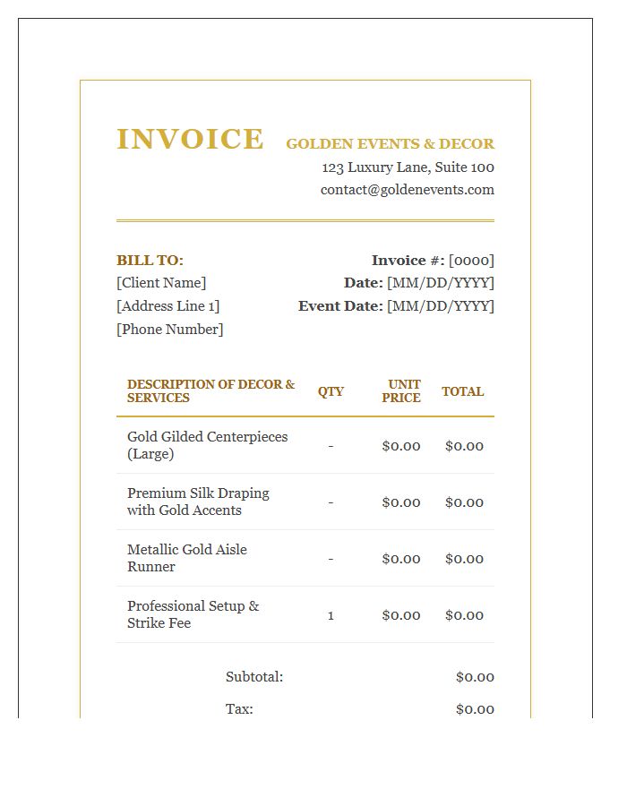 Gold Themed Wedding Decor Invoice Template