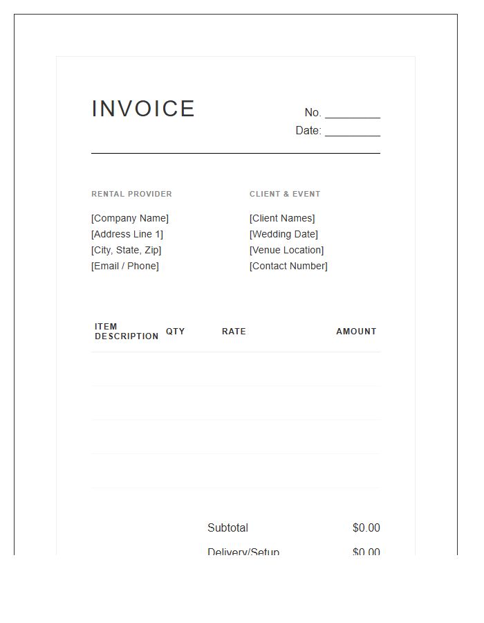 Modern Minimalist Wedding Rental Invoice Template
