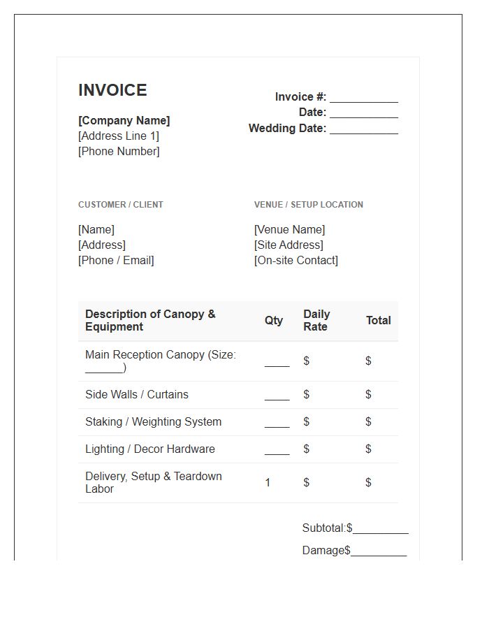 Outdoor Wedding Canopy Rental Invoice Template