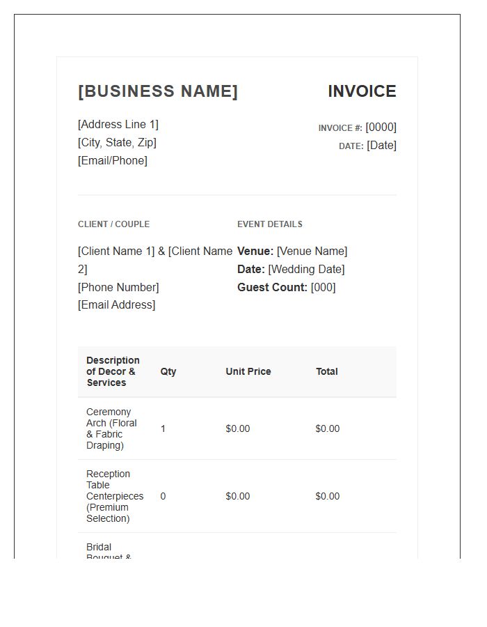Professional Wedding Event Decor Invoice Template