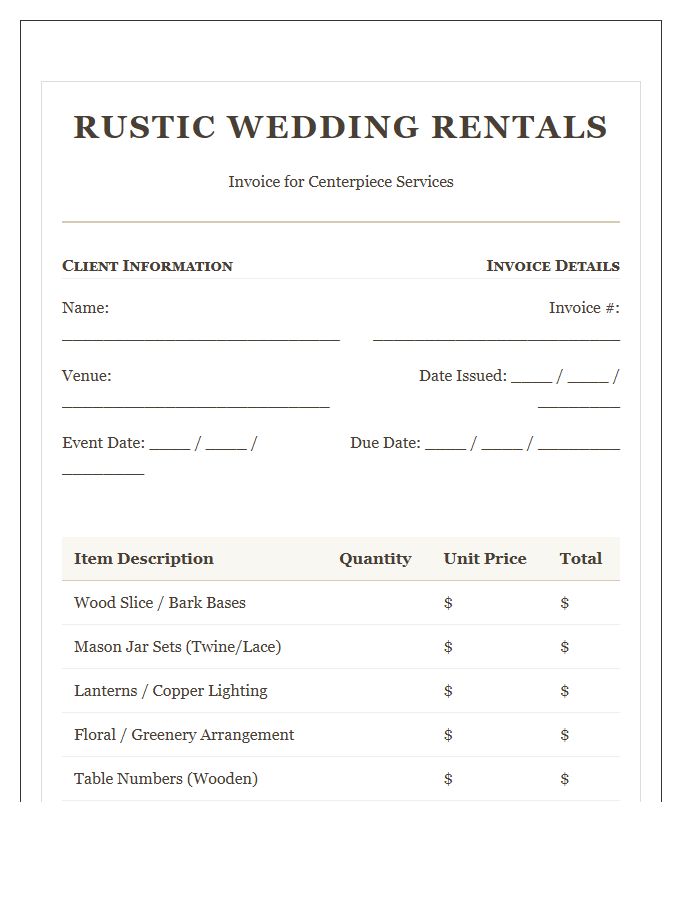 Rustic Wedding Centerpiece Rental Invoice Template