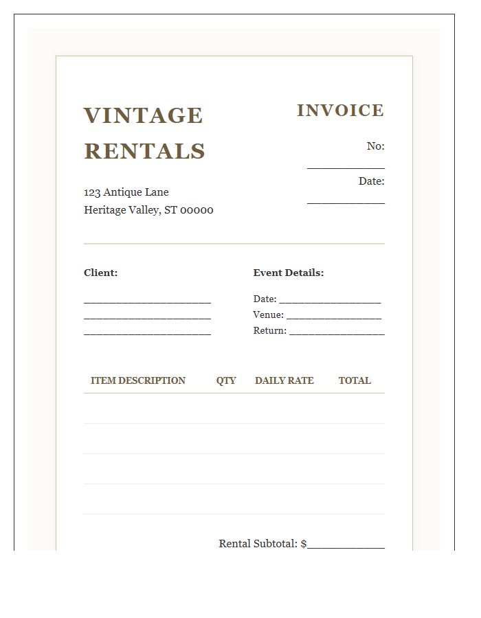 Vintage Wedding Prop Rental Invoice Template