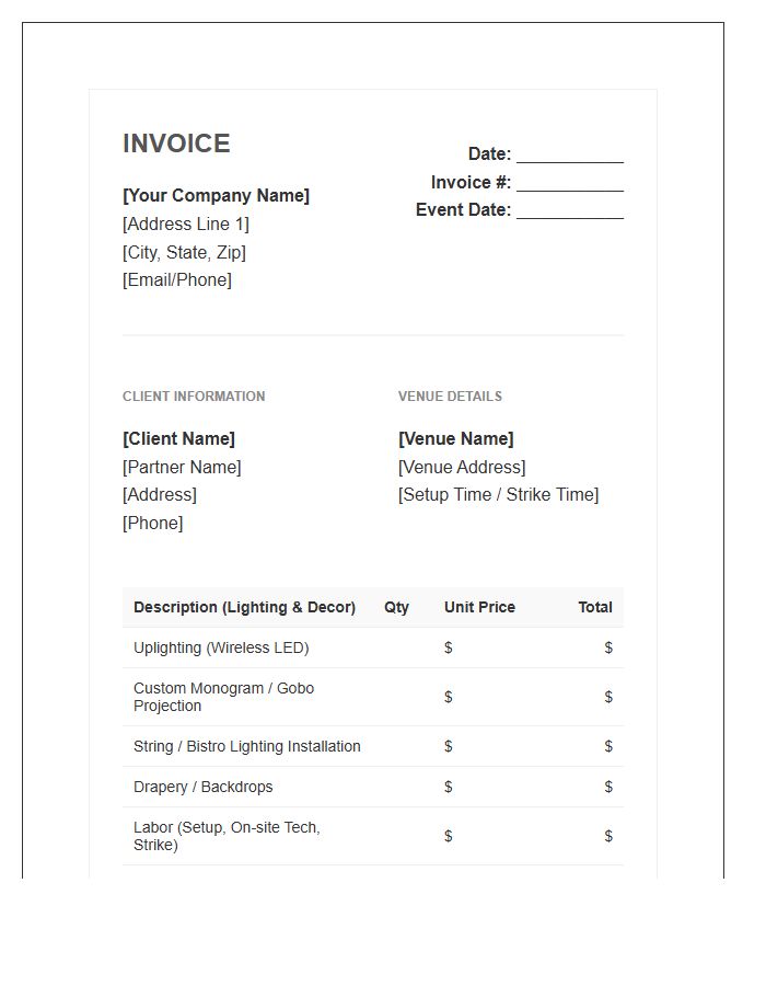 Wedding Lighting And Decor Invoice Template