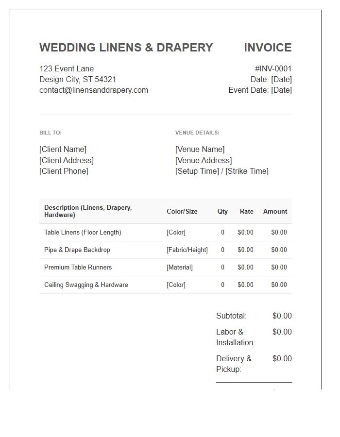 Wedding Linens And Drapery Invoice Template