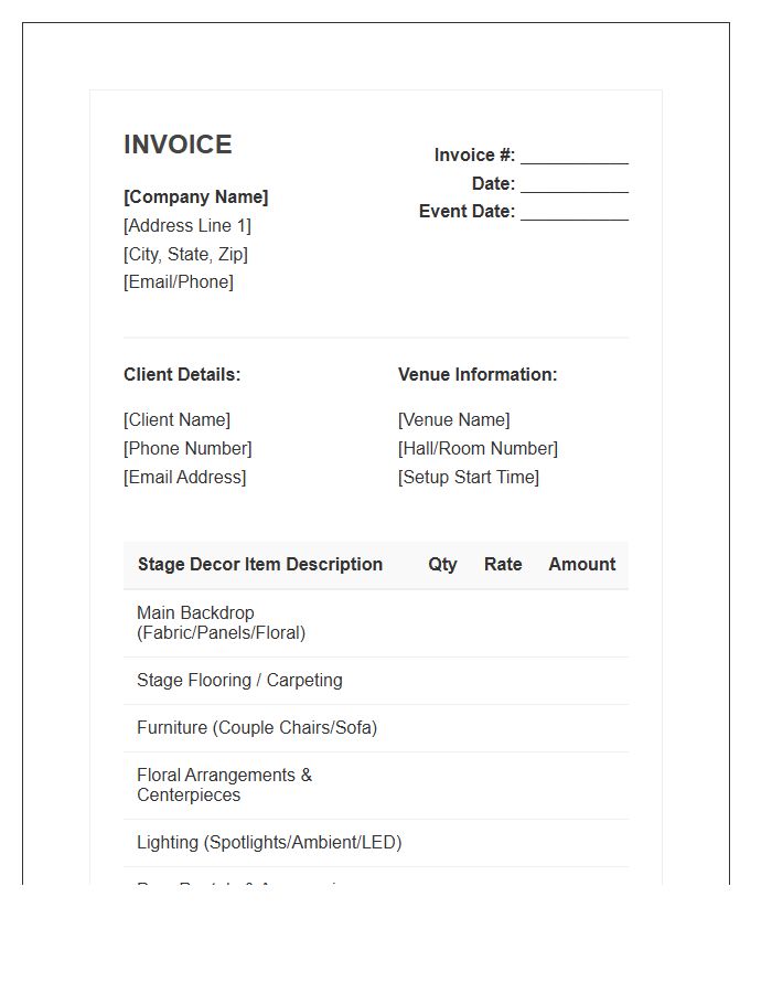 Wedding Reception Stage Decor Invoice Template
