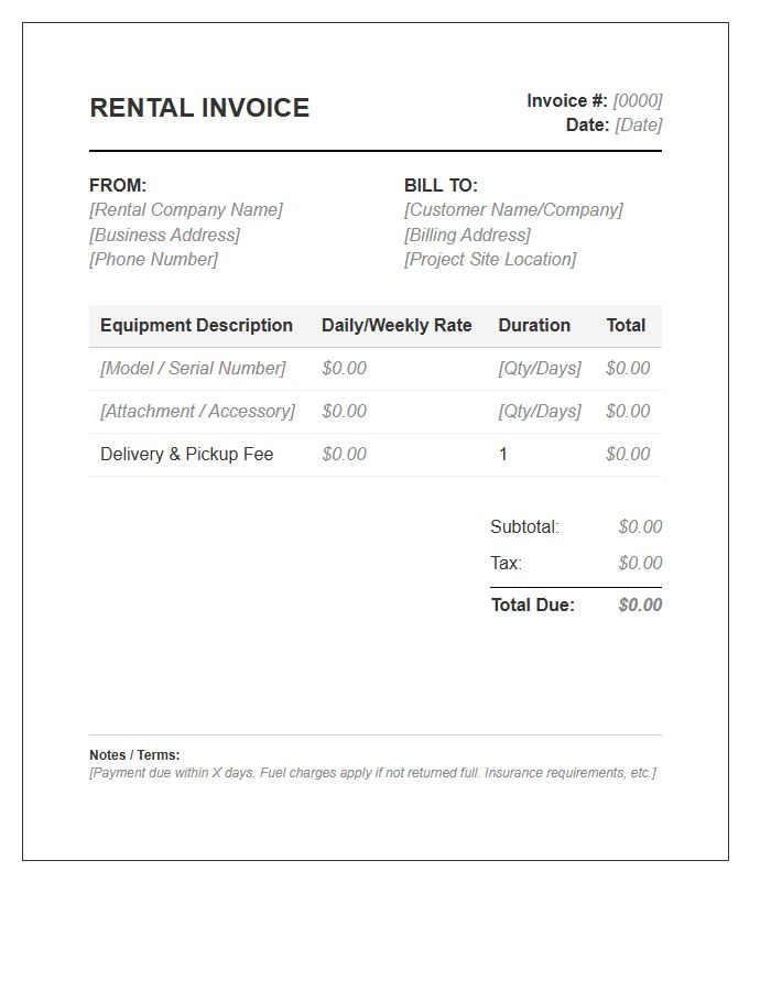 Earthmoving Tool Rental Invoice Template