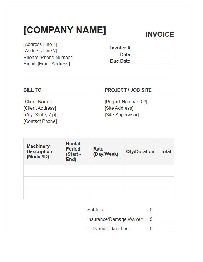 Hydraulic Machinery Rental Invoice Template