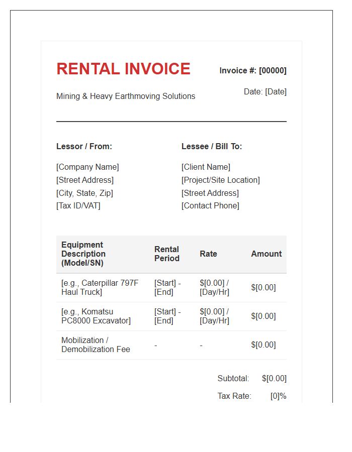 Mining Equipment Rental Invoice Template