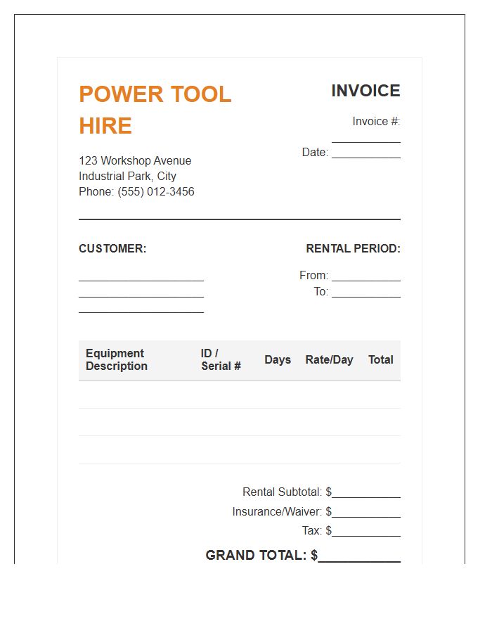 Power Tool Hire Rental Invoice Template