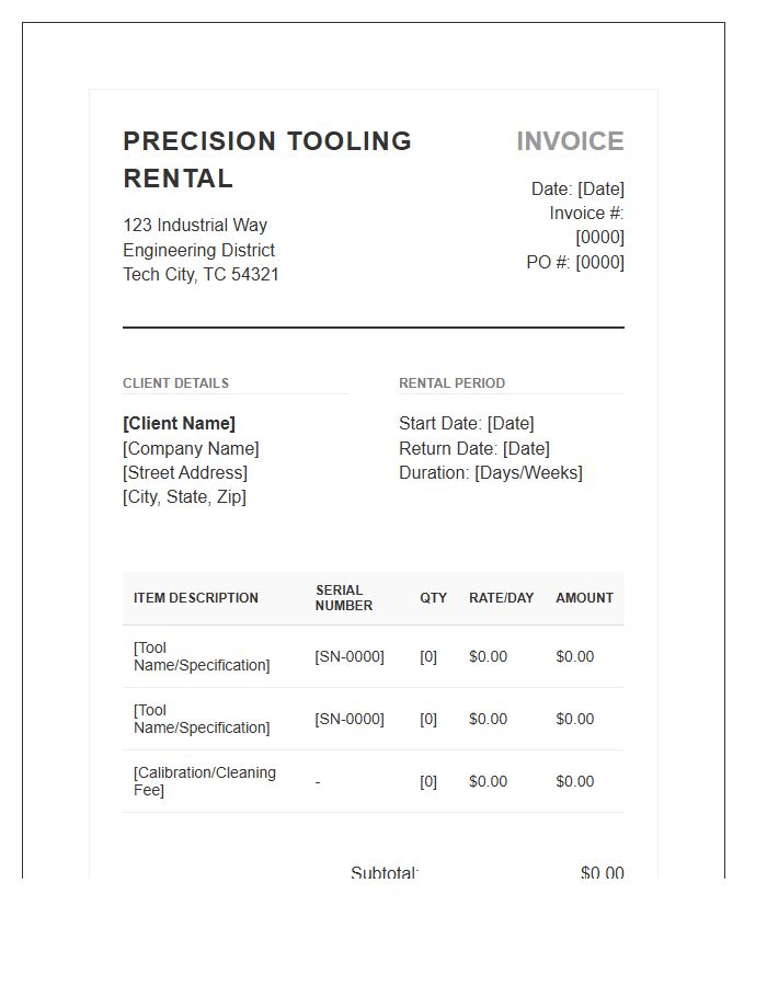 Precision Tooling Rental Invoice Template