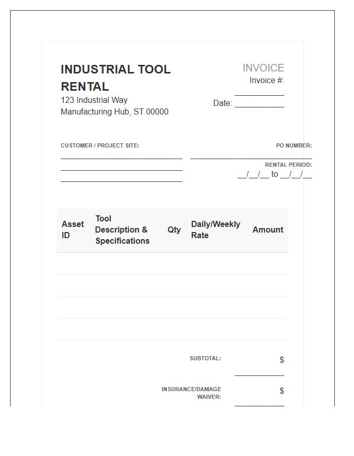 Specialized Industrial Tool Rental Invoice Template