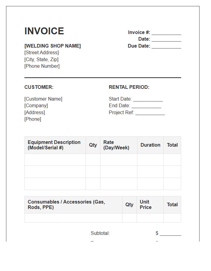 Welding Equipment Rental Invoice Template