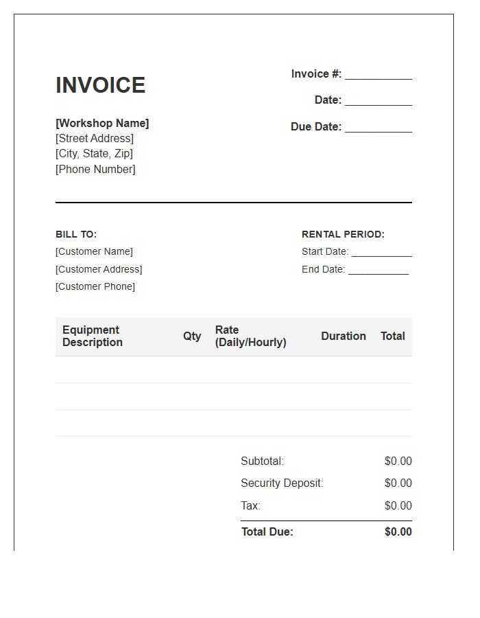 Workshop Equipment Rental Invoice Template