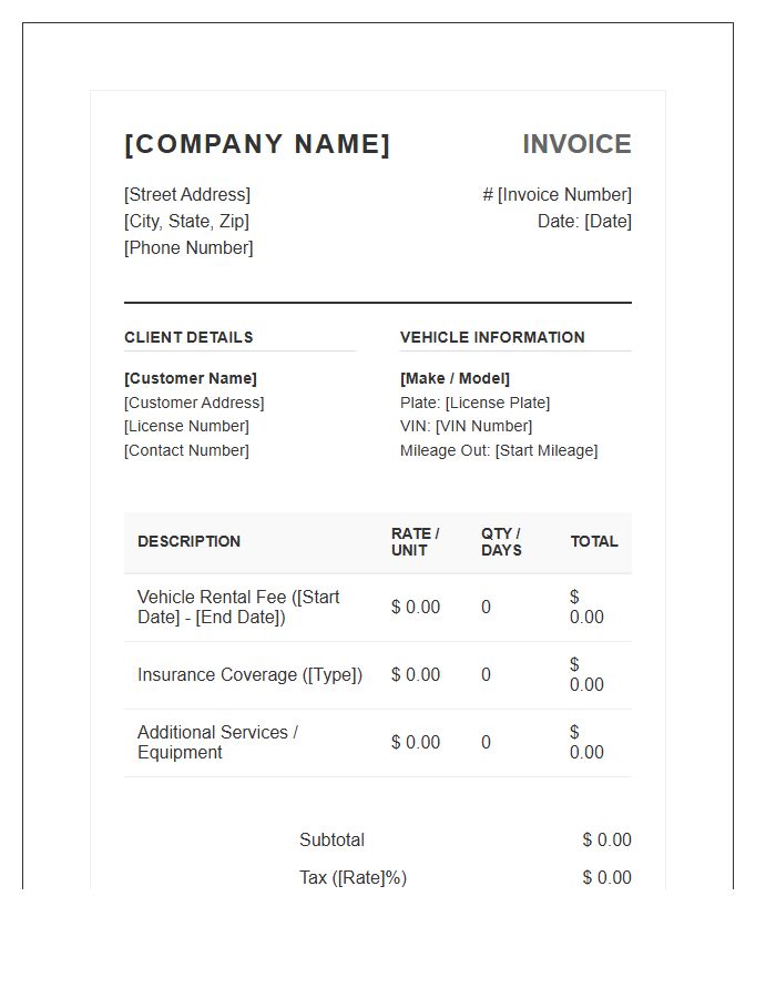 Bespoke Vehicle Rental Invoice Template