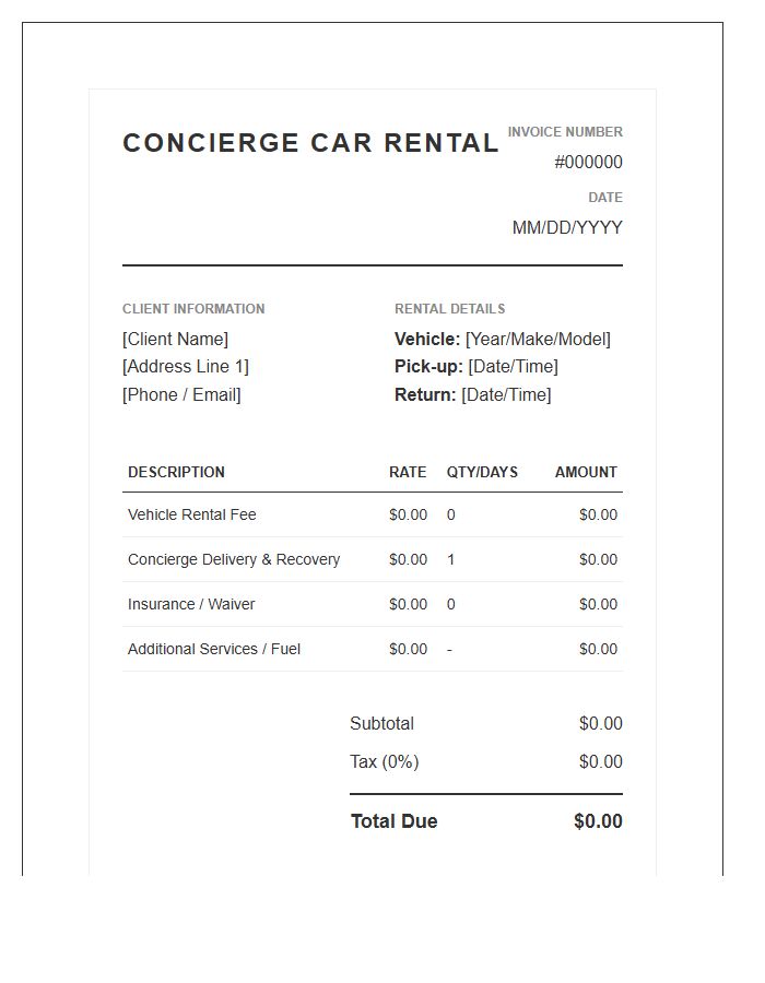 Concierge Car Rental Invoice Template