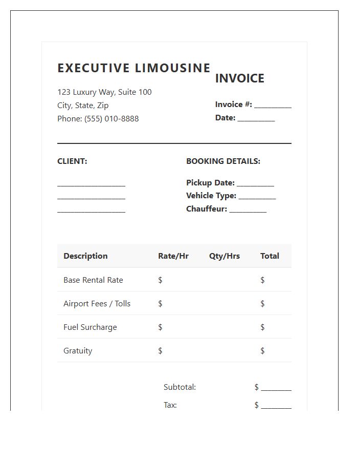 Executive Limousine Rental Invoice Template