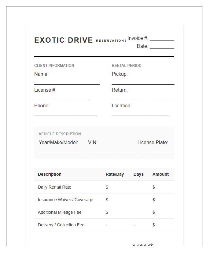 Exotic Vehicle Rental Invoice Template