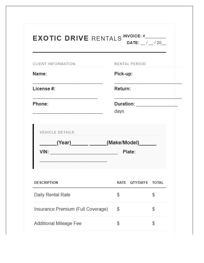 High End Automobile Rental Invoice Template
