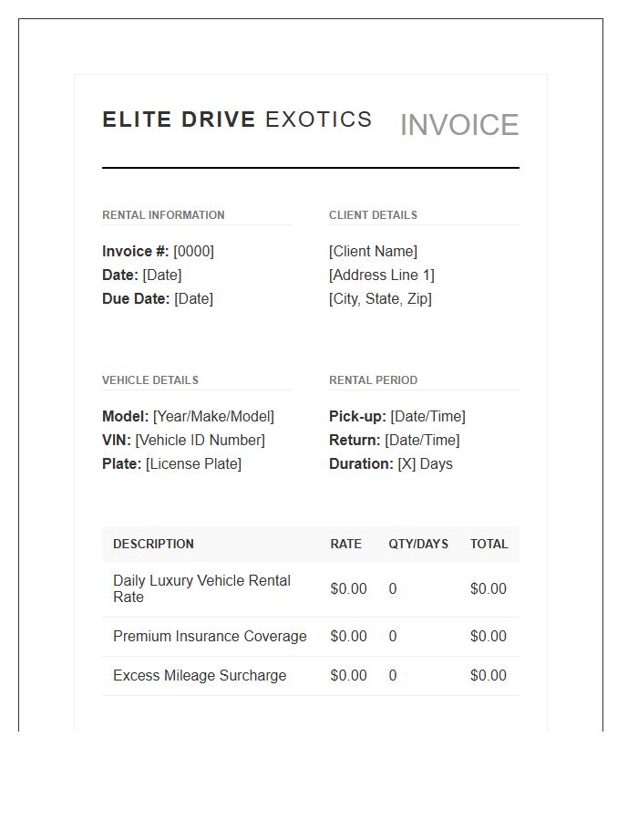Luxury Sports Car Rental Invoice Template