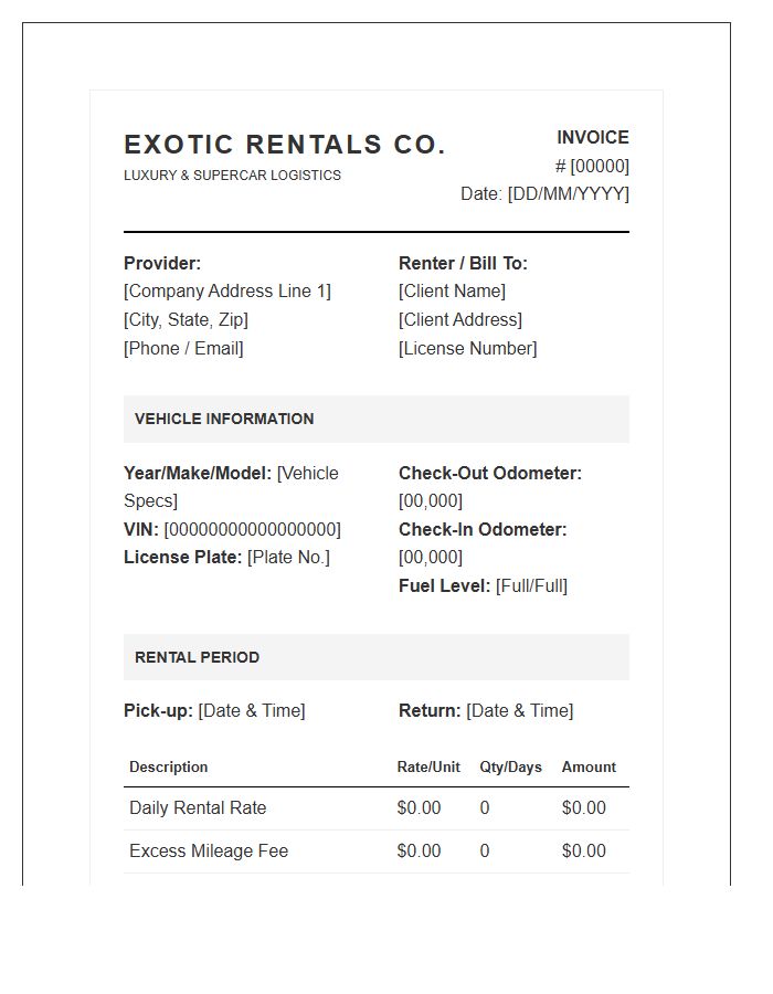 Official Exotic Vehicle Rental Invoice Template