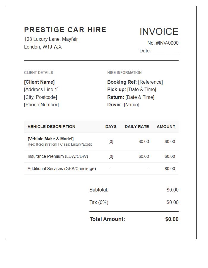 Prestige Car Hire Invoice Template