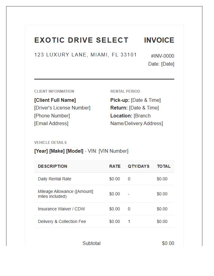 Professional Exotic Car Rental Invoice Template