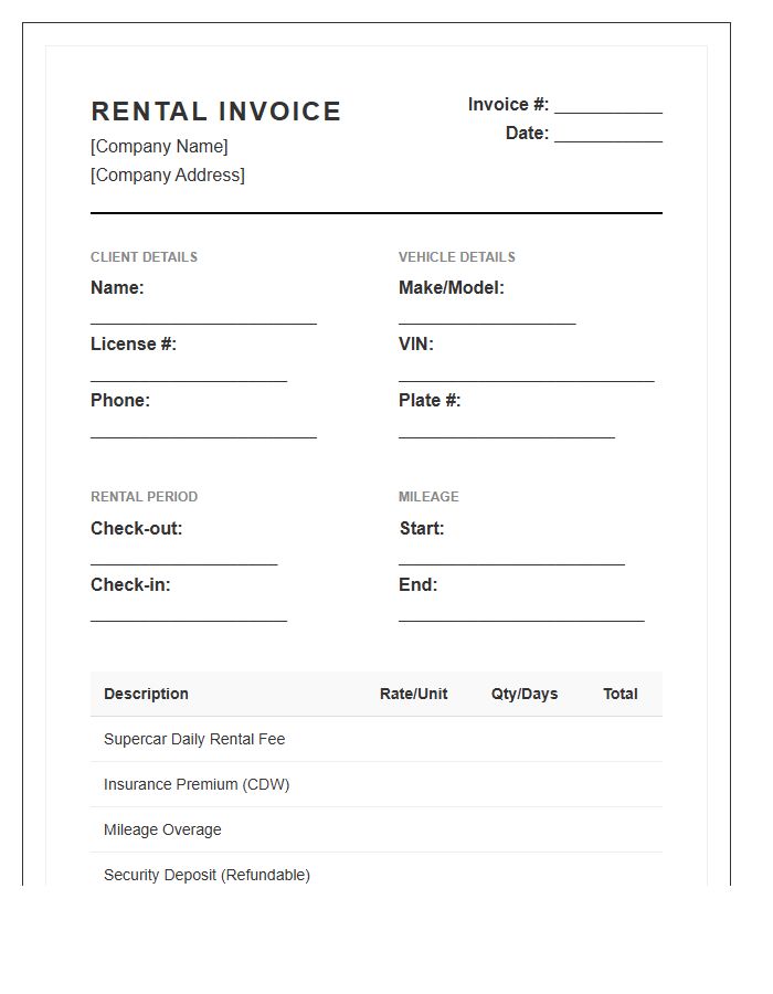 Supercar Rental Transaction Invoice Template