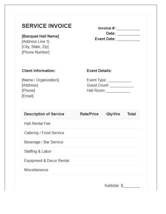 Banquet Hall Service Invoice Template