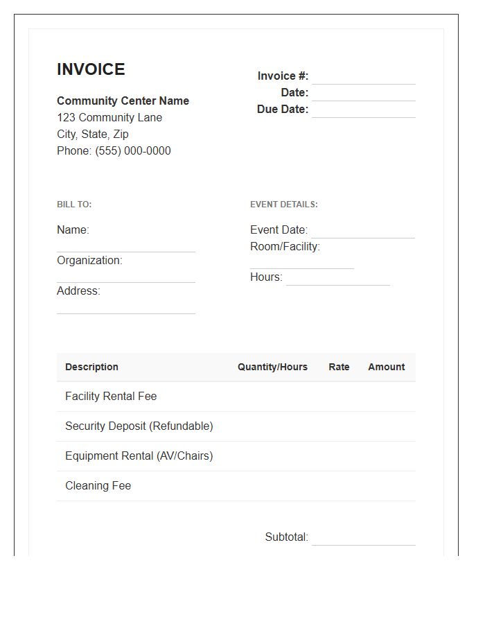 Community Center Rental Invoice Template
