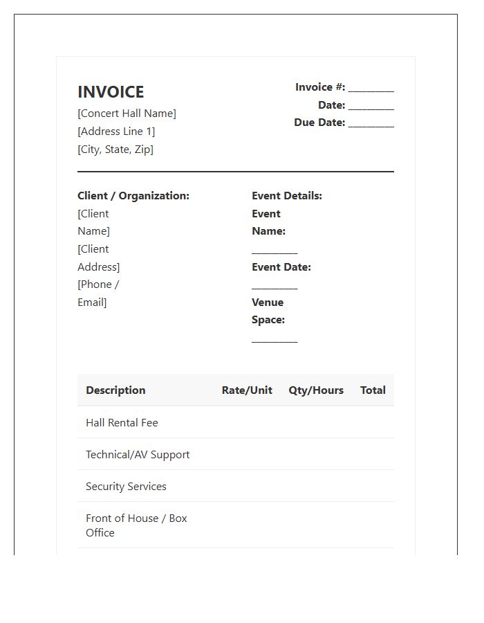 Concert Hall Rental Invoice Template