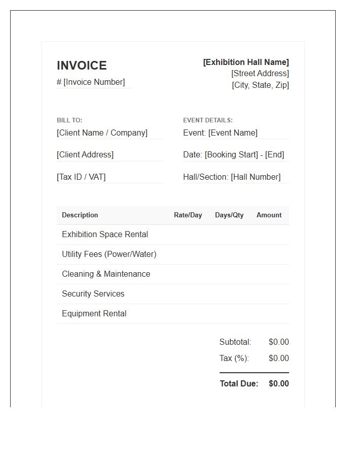 Exhibition Hall Booking Invoice Template