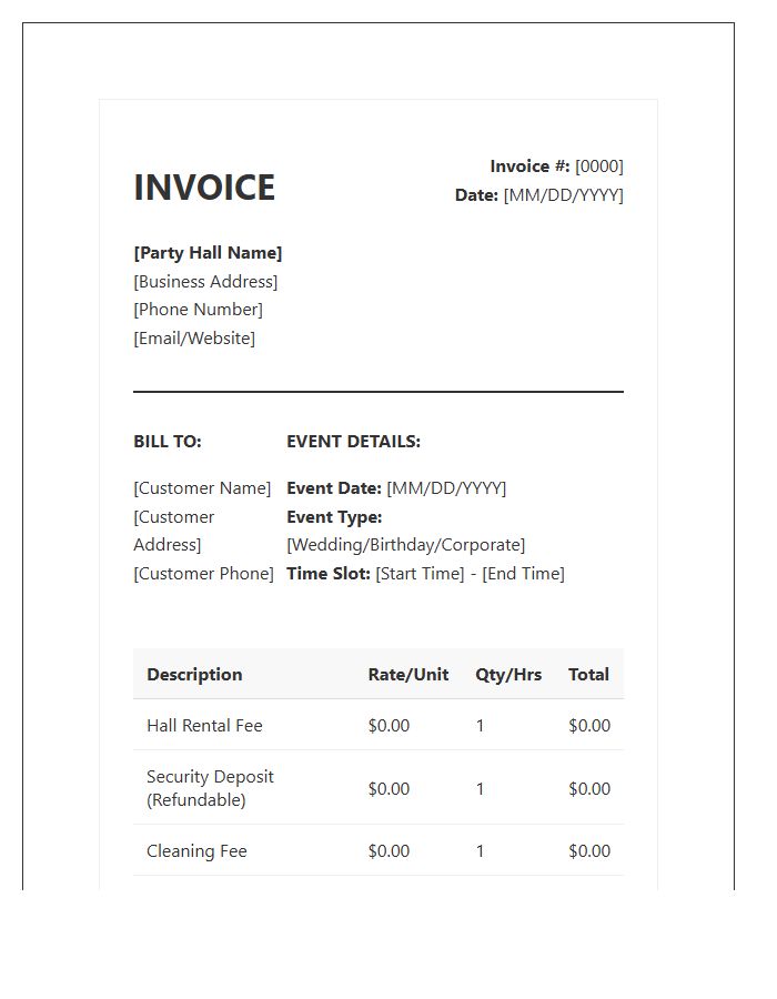 Party Hall Rental Invoice Template