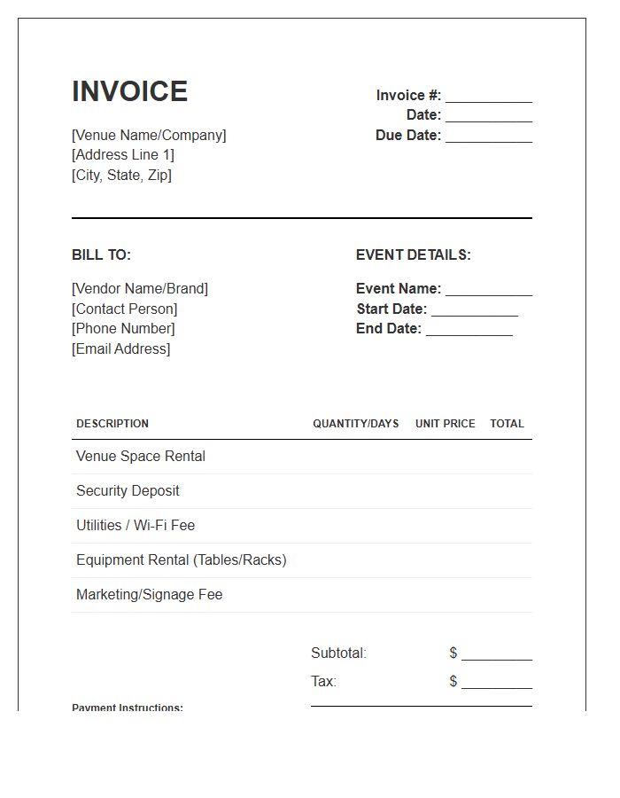 Pop Up Shop Venue Invoice Template