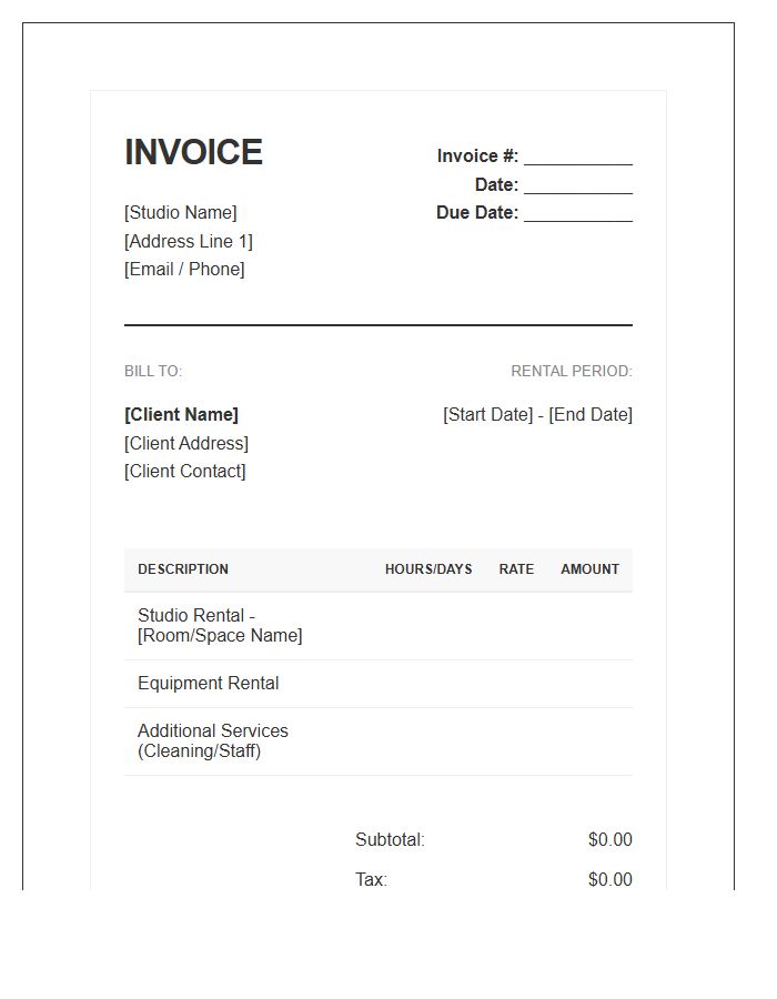 Studio Space Rental Invoice Template
