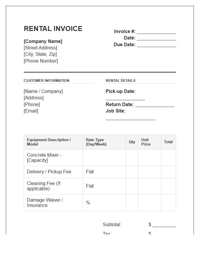 Concrete Mixer Rental Invoice Template