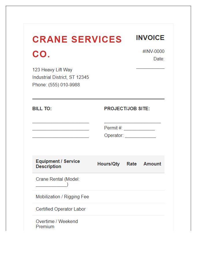 Crane Rental Business Invoice Template