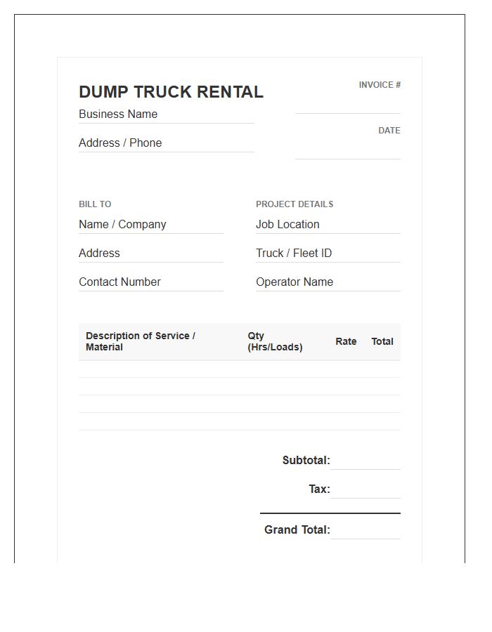 Dump Truck Rental Invoice Template