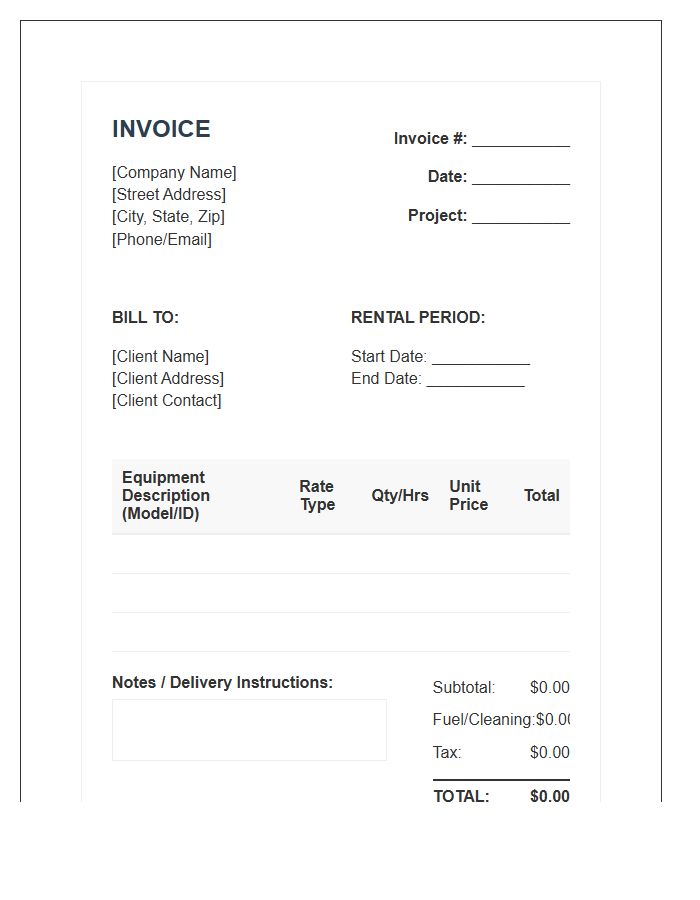 Earthmoving Machinery Rental Invoice Template