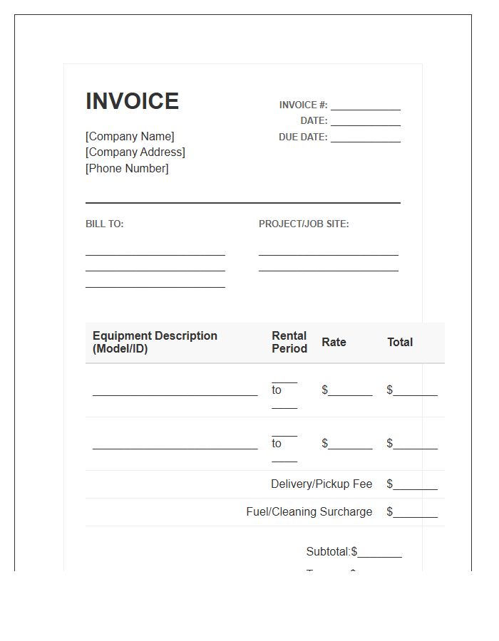 Excavator Rental Service Invoice Template