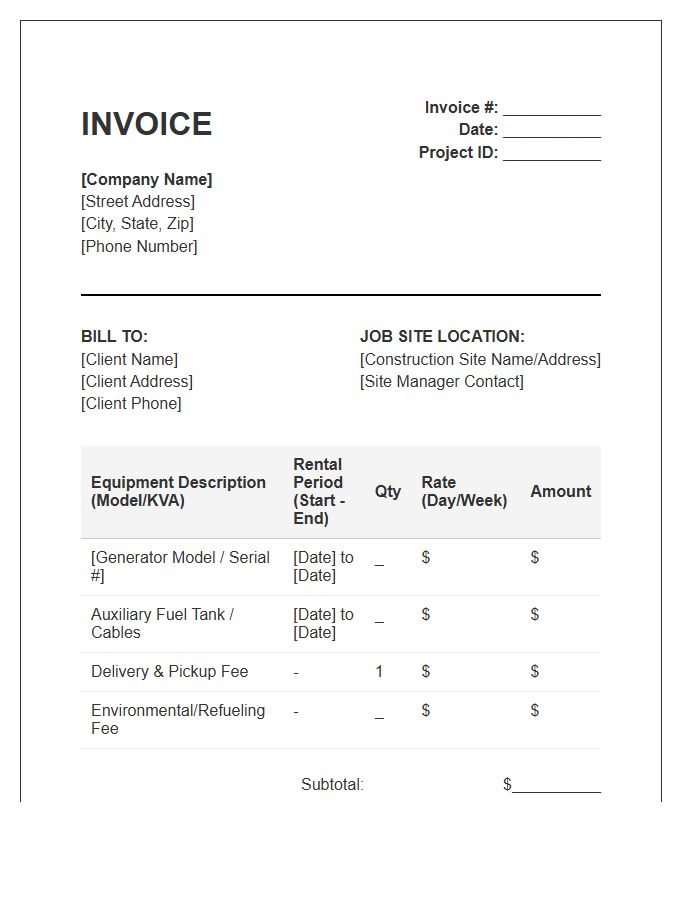 Generator Rental For Construction Invoice Template