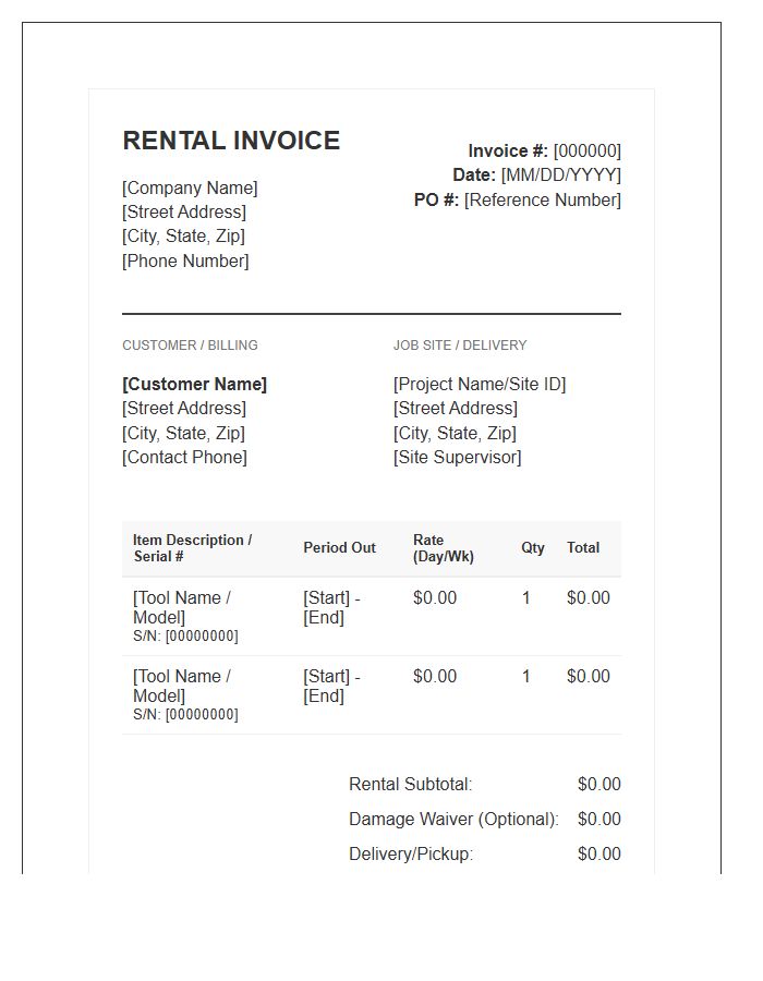 Industrial Power Tool Rental Invoice Template